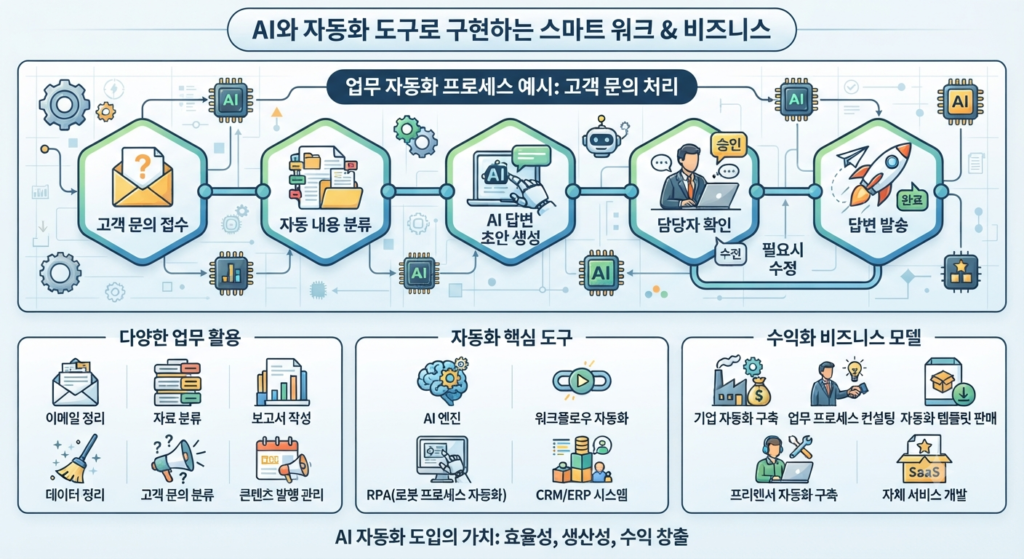 AI로 돈 버는 방법 10가지: 초보자도 시작할 수 있는 현실적인 AI 수익화 방법 3 AI와 자동화도구가 연결된 업무흐름을 보여주는 이미지